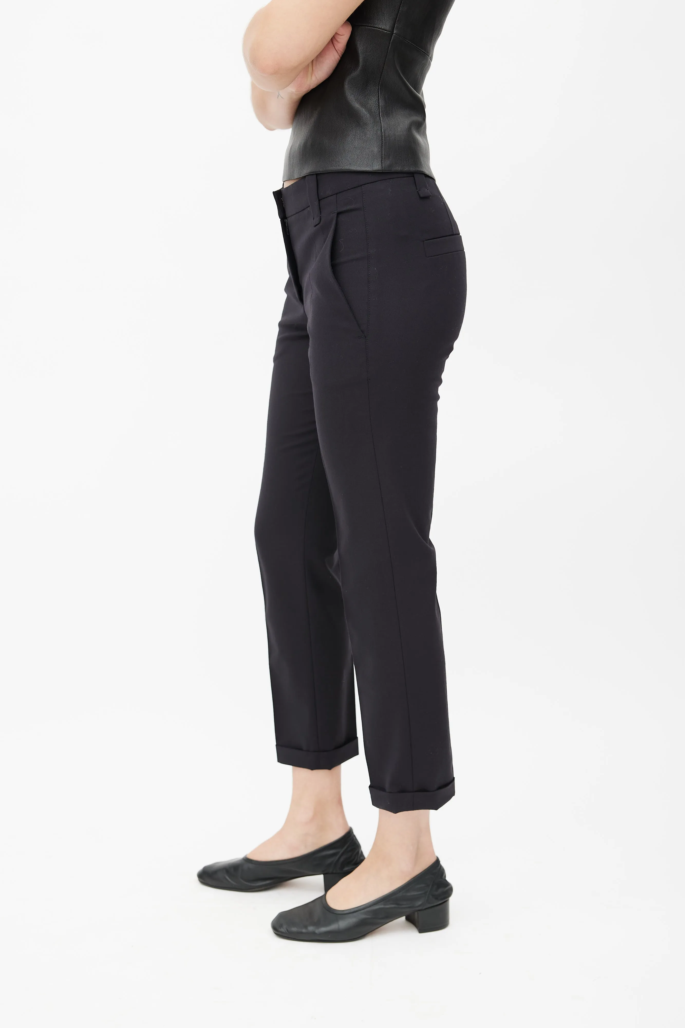 Black Wool Tapered Leg Cuffed Trouser