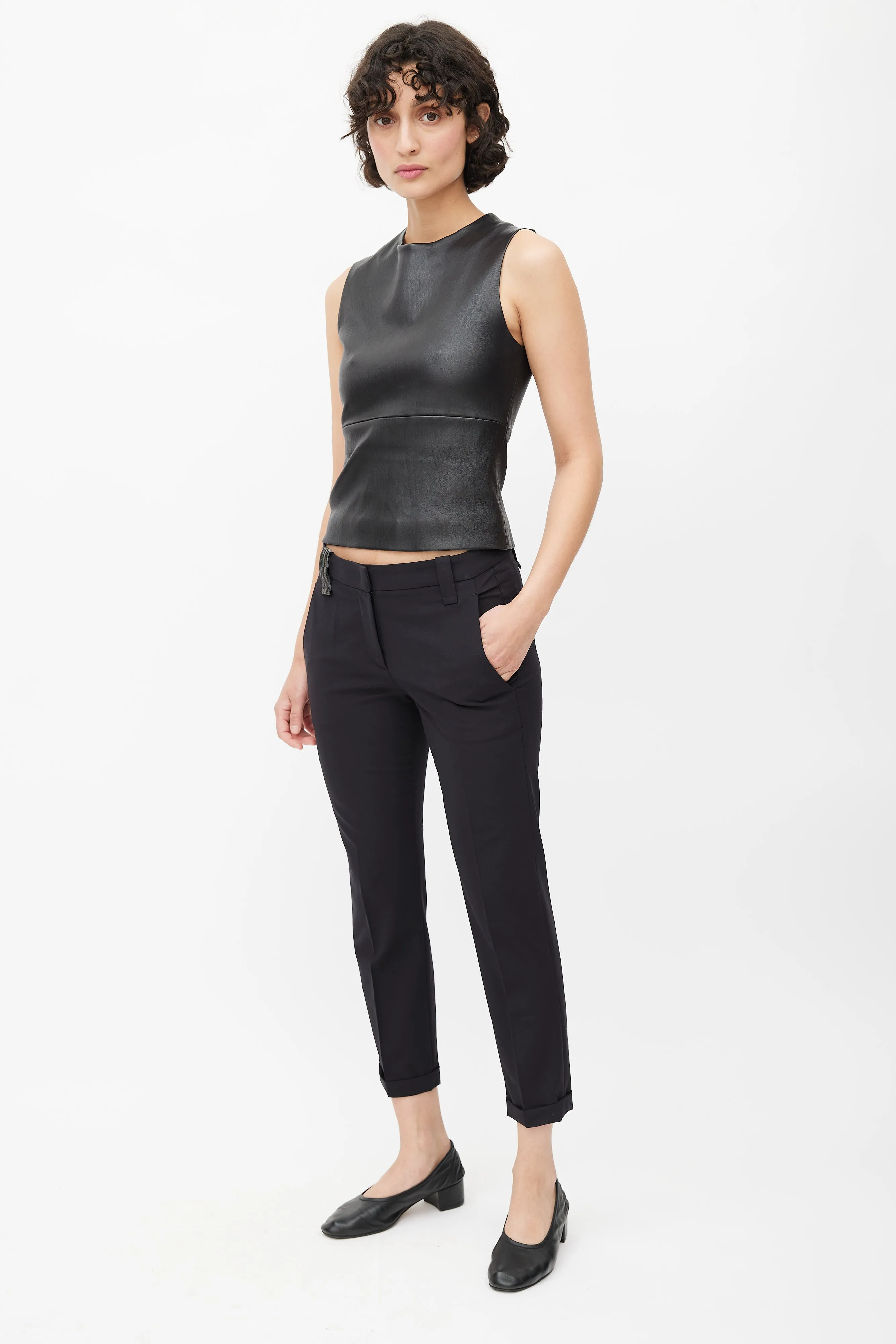 Black Wool Tapered Leg Cuffed Trouser