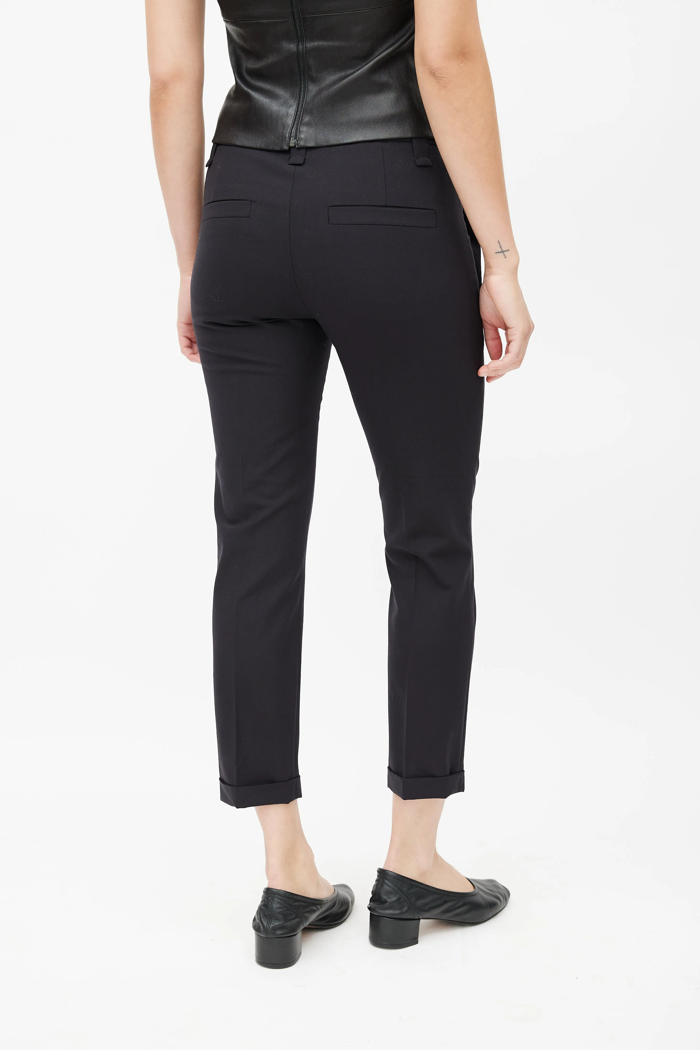 Black Wool Tapered Leg Cuffed Trouser