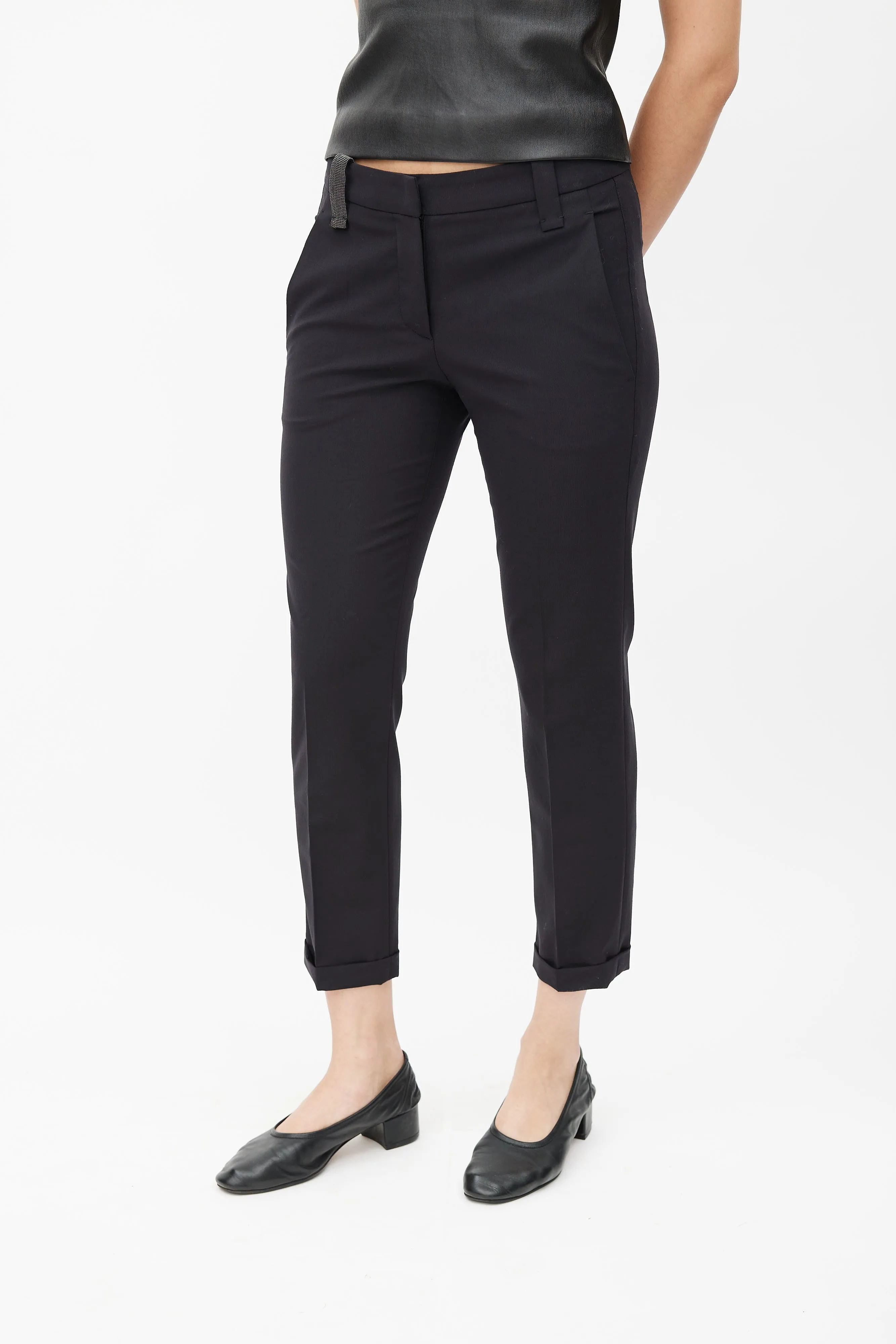 Black Wool Tapered Leg Cuffed Trouser