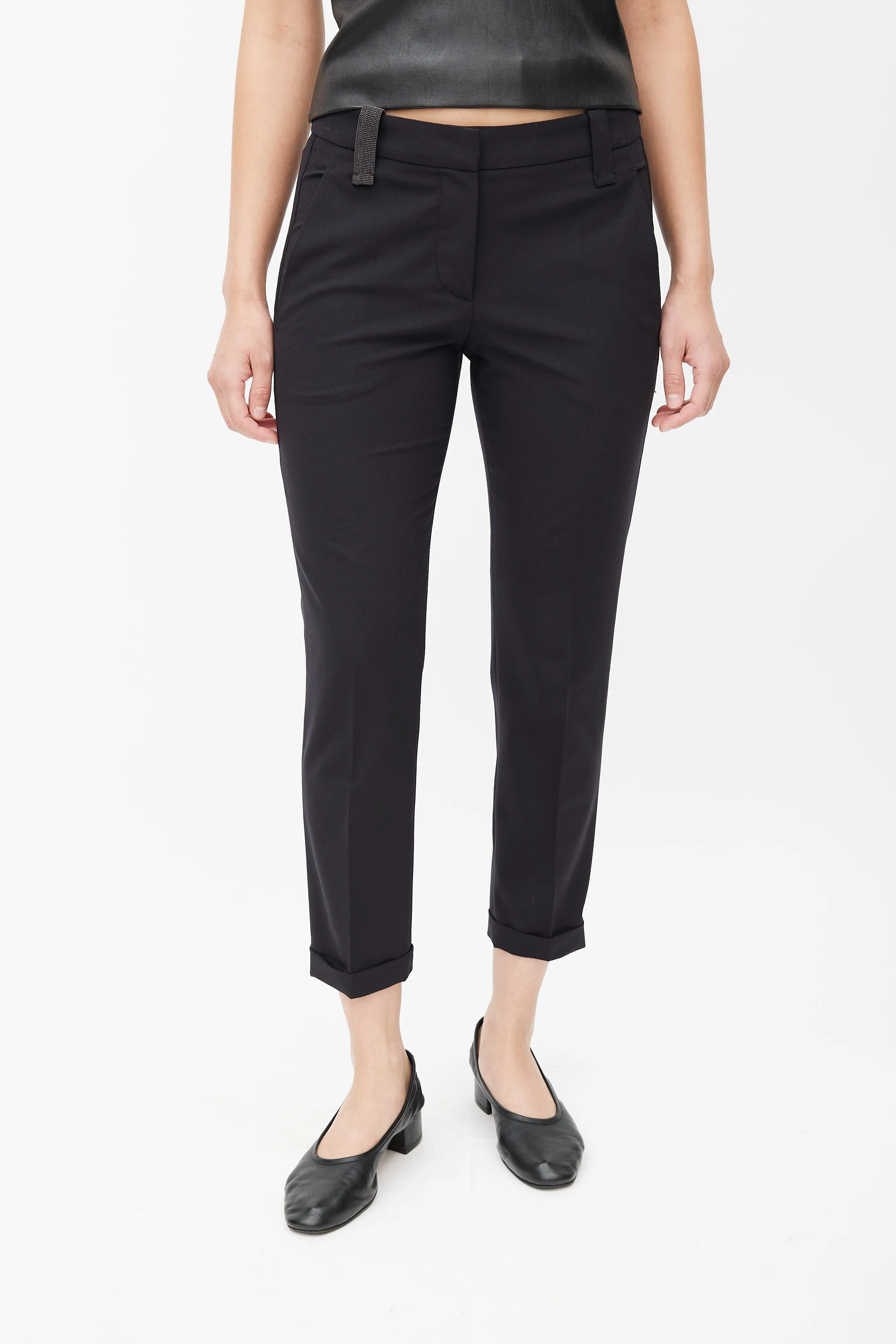 Black Wool Tapered Leg Cuffed Trouser