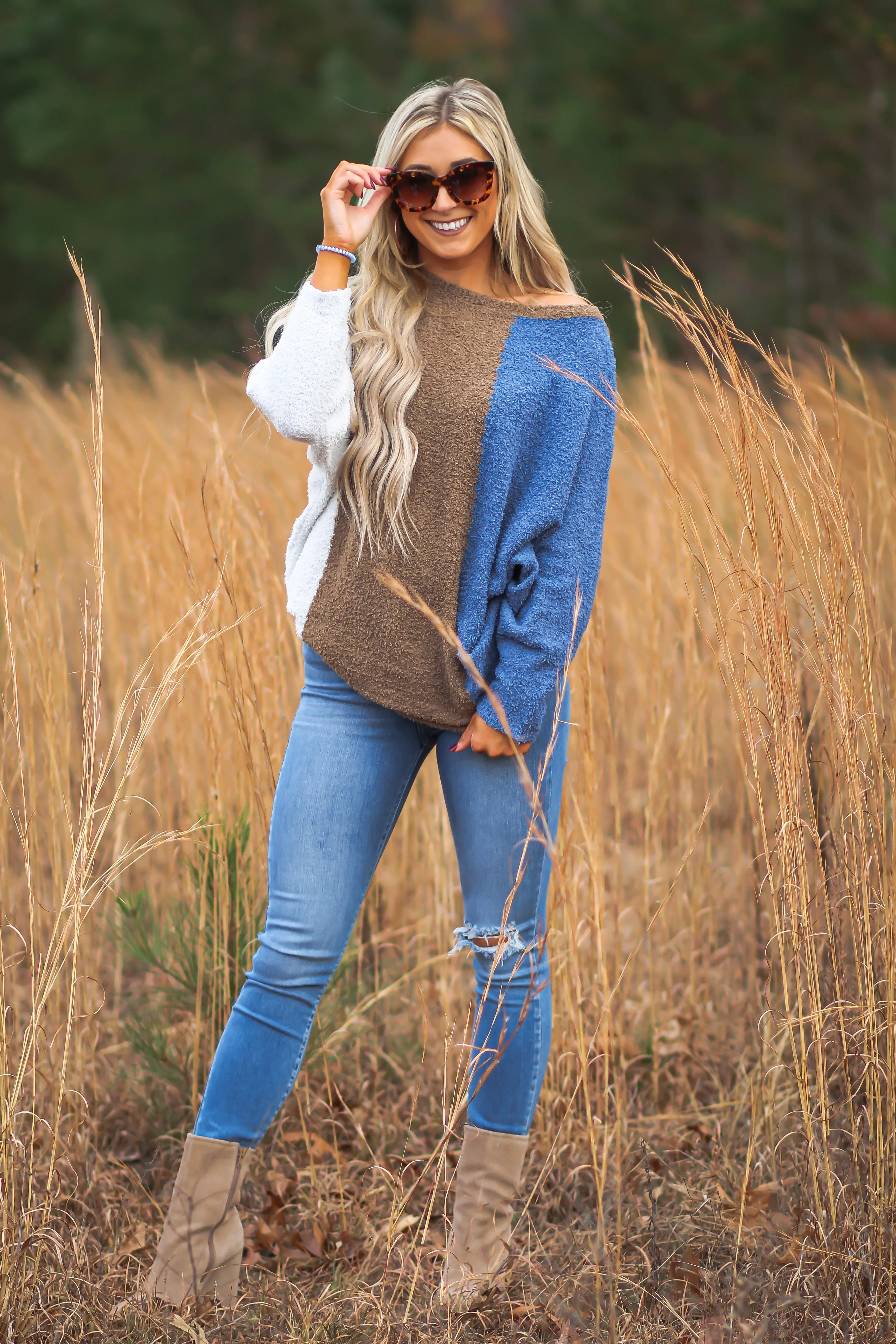 Brown & Blue Colorblock Dolman Sleeve Sweater